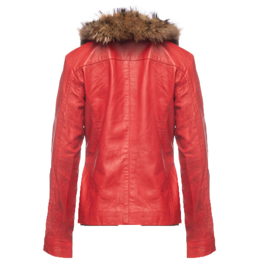 Palmyra Rose Red Leather Jacket With Fur Collar