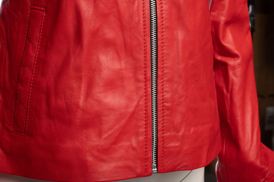 Palmyra Rose Red Leather Jacket With Fur Collar