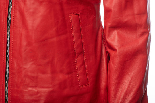 Palmyra Rose Red Leather Jacket With Fur Collar