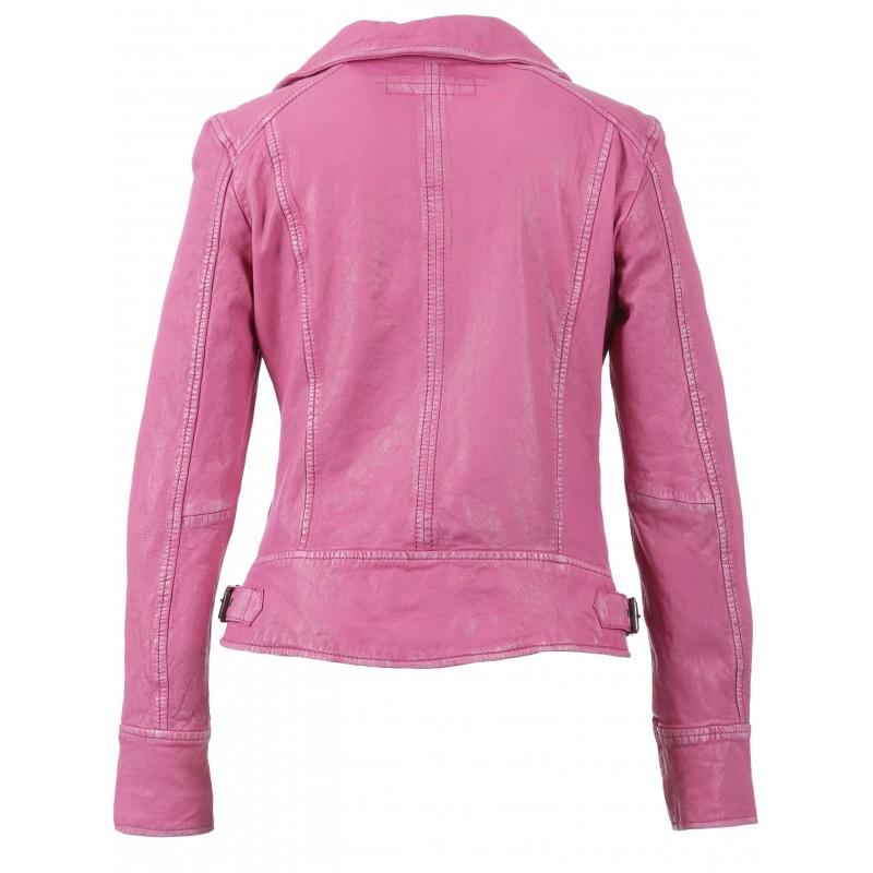 Stylish Anorah's fuschia leather biker jacket