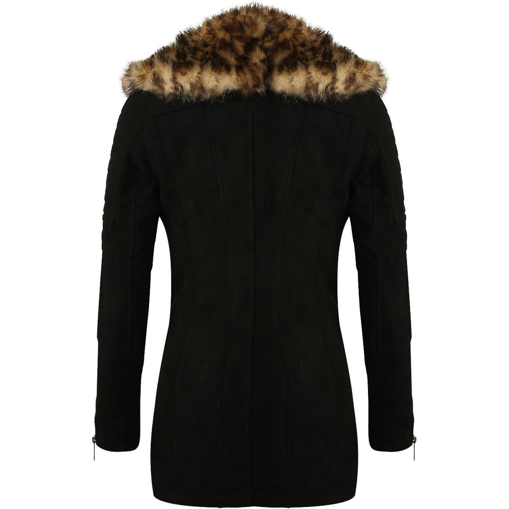 Soft and Warm Leopard Print Fur Collar Kia Foleys Suede Leather Jacket