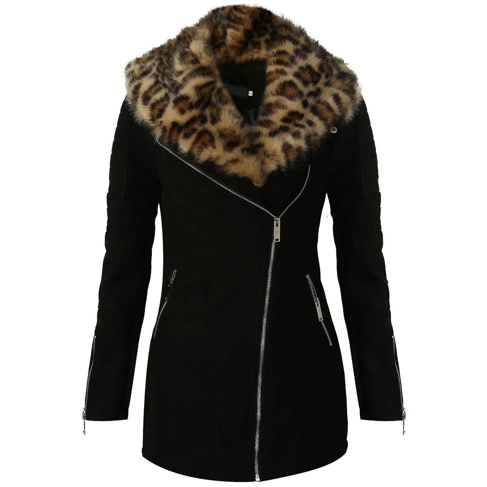 Soft and Warm Leopard Print Fur Collar Kia Foleys Suede Leather Jacket