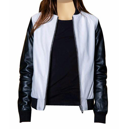 Women Enyas black and white collarless leather jacket 