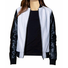 Women Enyas black and white collarless leather jacket