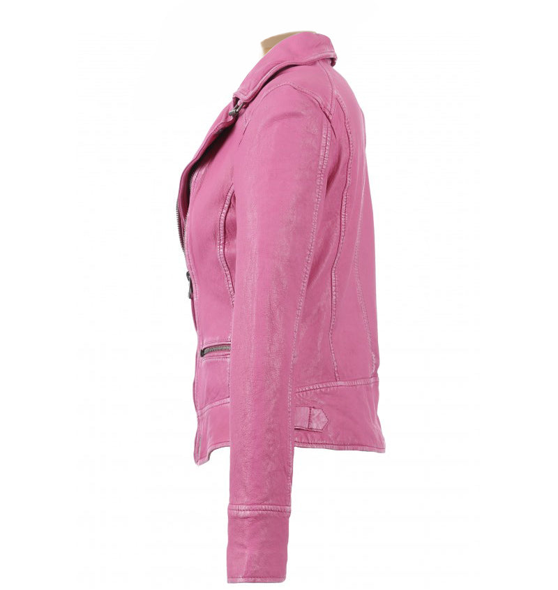 Stylish Anorah's fuschia leather biker jacket