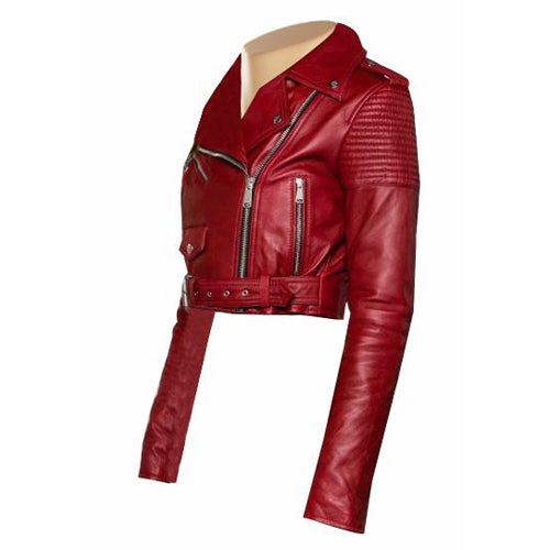 Fashionable Martyna's Biker Crop leather jacket with waist belt