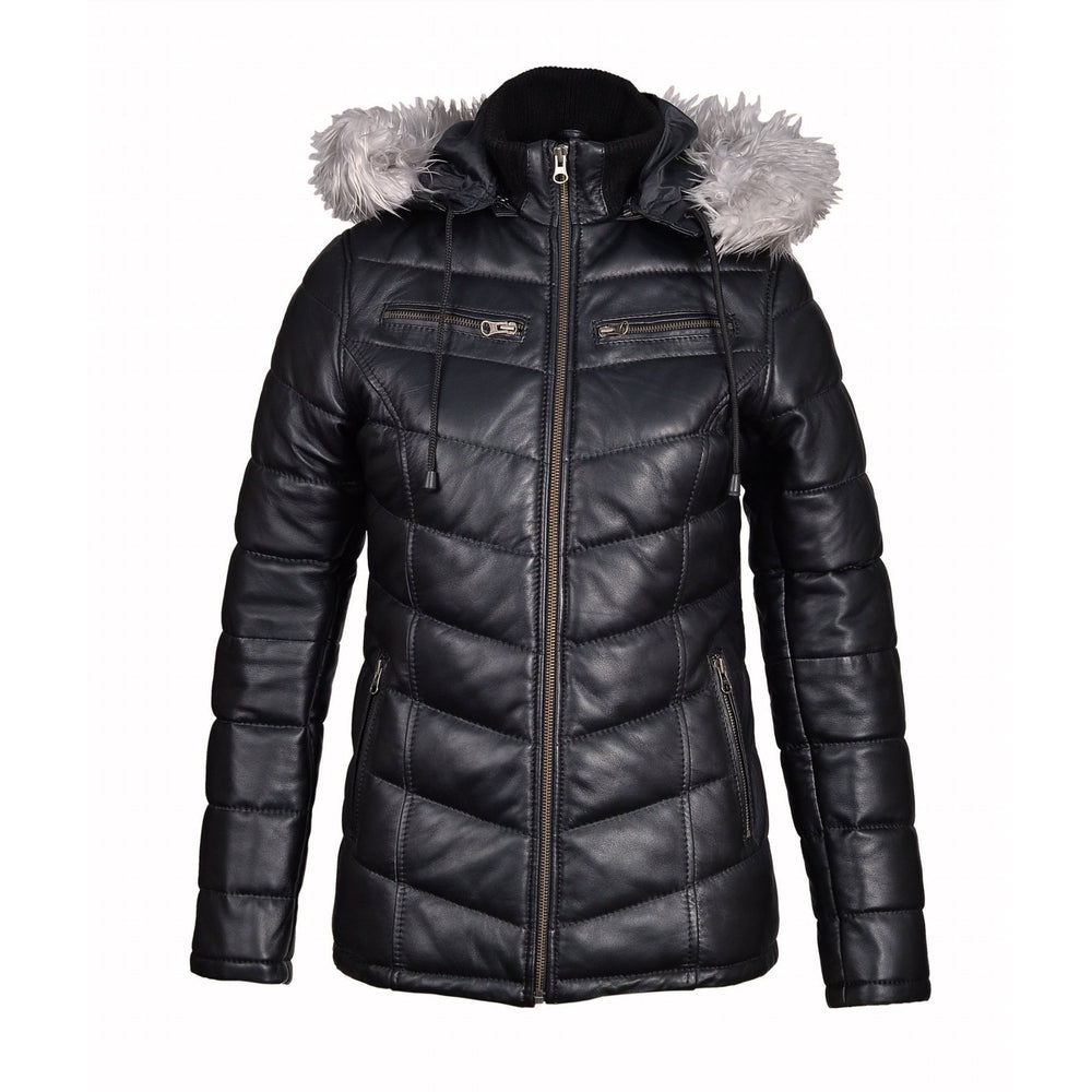 Cozy Winter Puffer Leather jacket with fur-trimmed hoodie