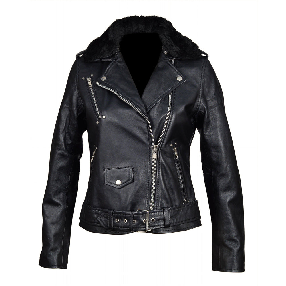 Fashionable Eira's fur-collared biker jacket