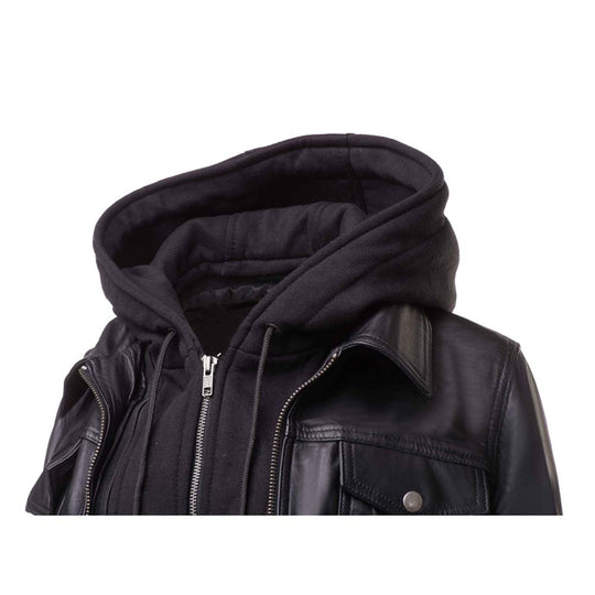 Daphne Black Leather Jacket With Fleece Hoodie