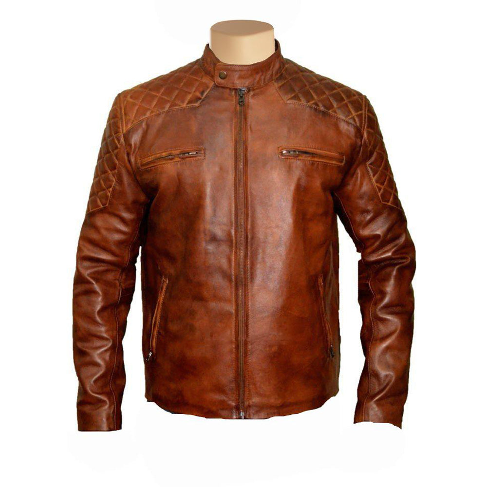 Quilted Patches Vintage Cafe Racer Leather Jacket