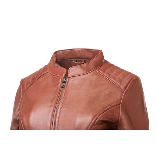 Claudia Sand Washed Leather Jacket With Rounded Collar