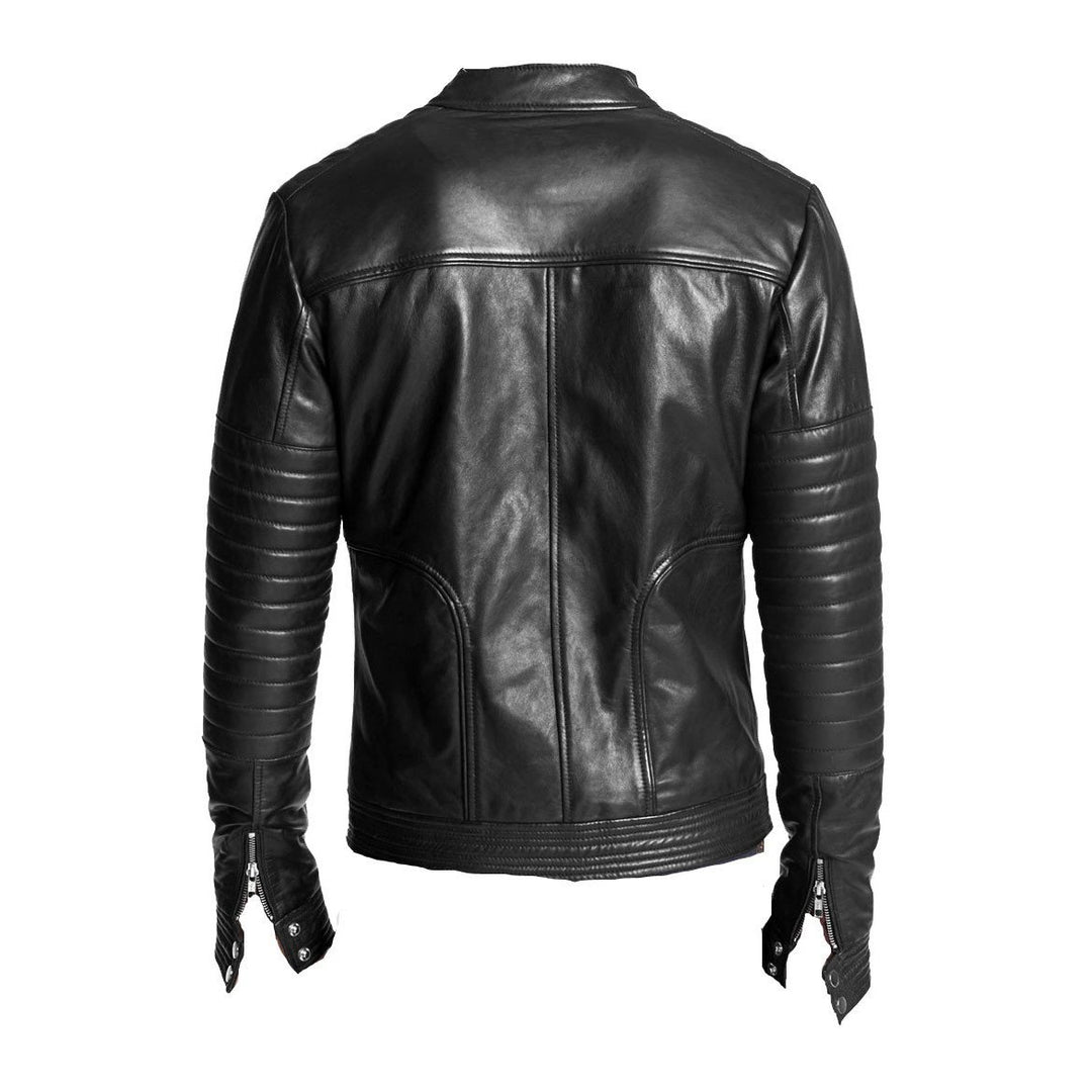 Men's leather jacket with straight zip up collar