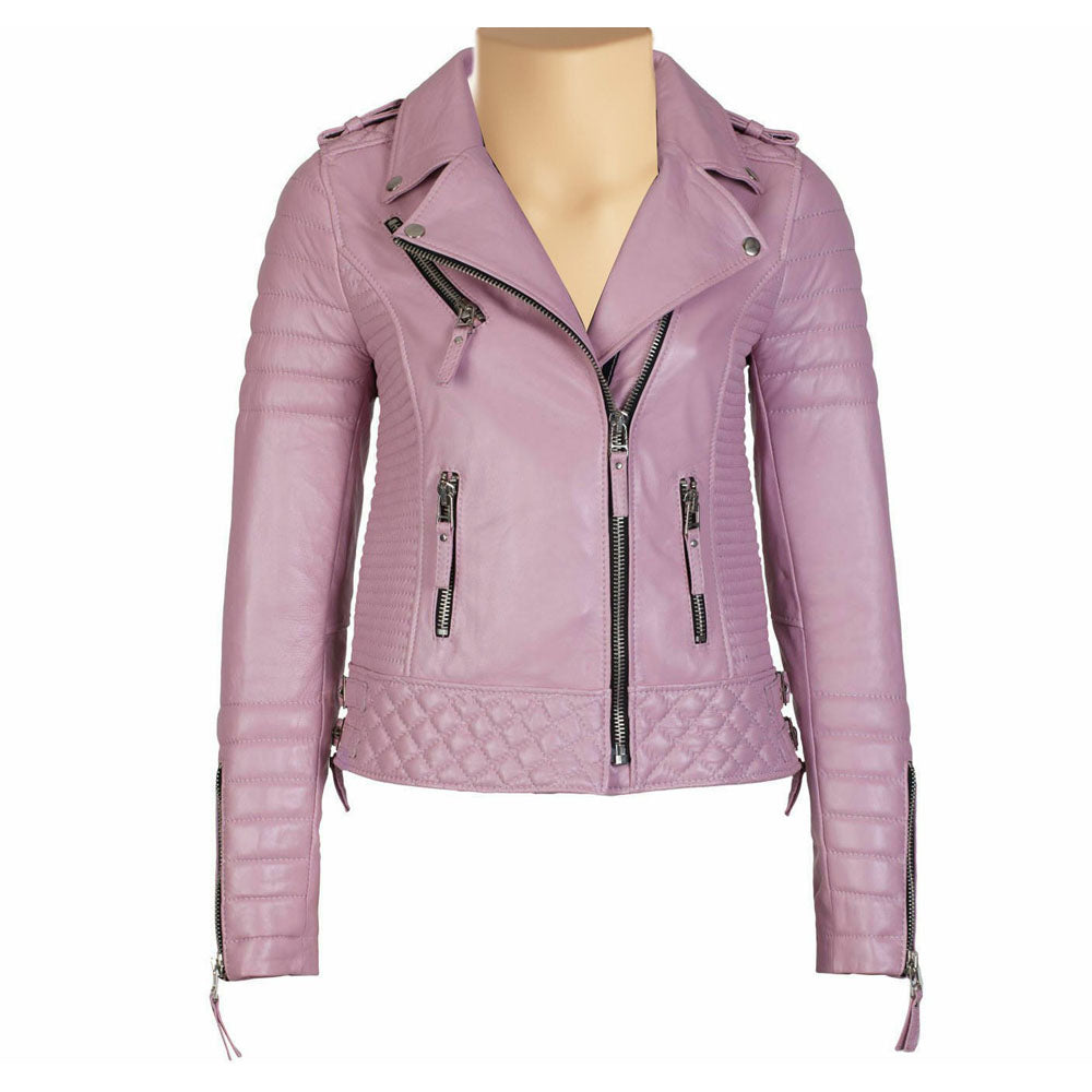 Fashionable Pink quilted Biker leather jacket for women