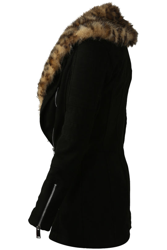 Soft and Warm Leopard Print Fur Collar Kia Foleys Suede Leather Jacket