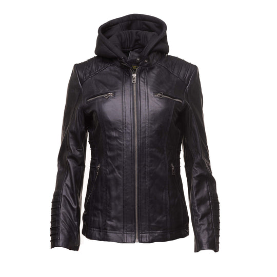 Leather jacket with piping in black for women