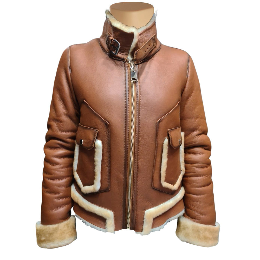 Brown Shearling Jacket with Cream Fur Trim