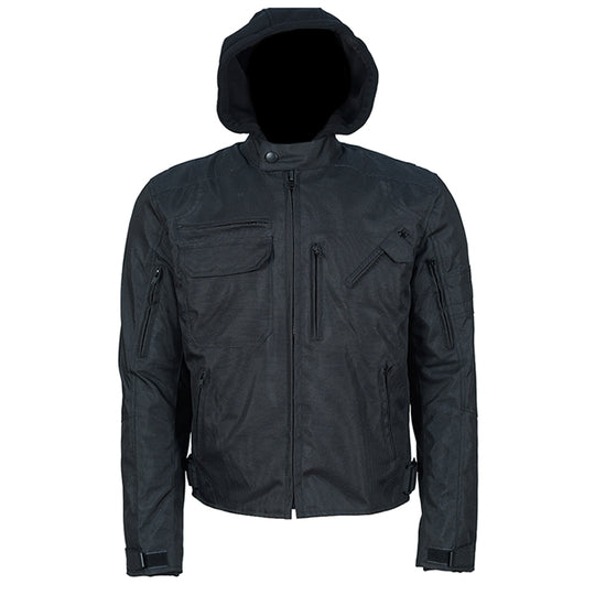 "Black Utility" Air Ventilation and Hooded Breathable and Waterproof Textile Motorcycle Jacket with armor protectors