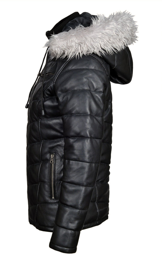 Cozy Winter Puffer Leather jacket with fur-trimmed hoodie