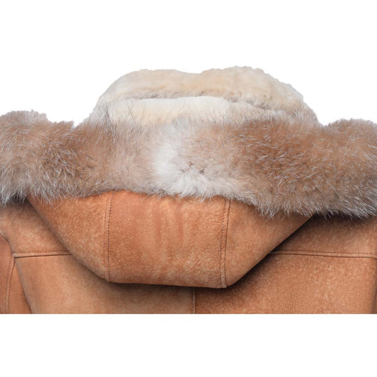 Rocco Vintage Cognac Aviator bomber shearling jacket with Fox trim hoodie