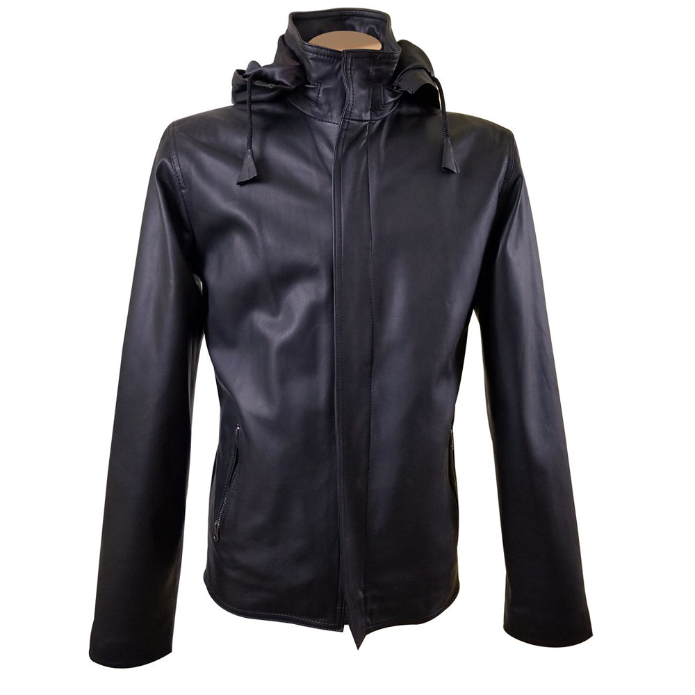 A stylish leather hooded jacket for men