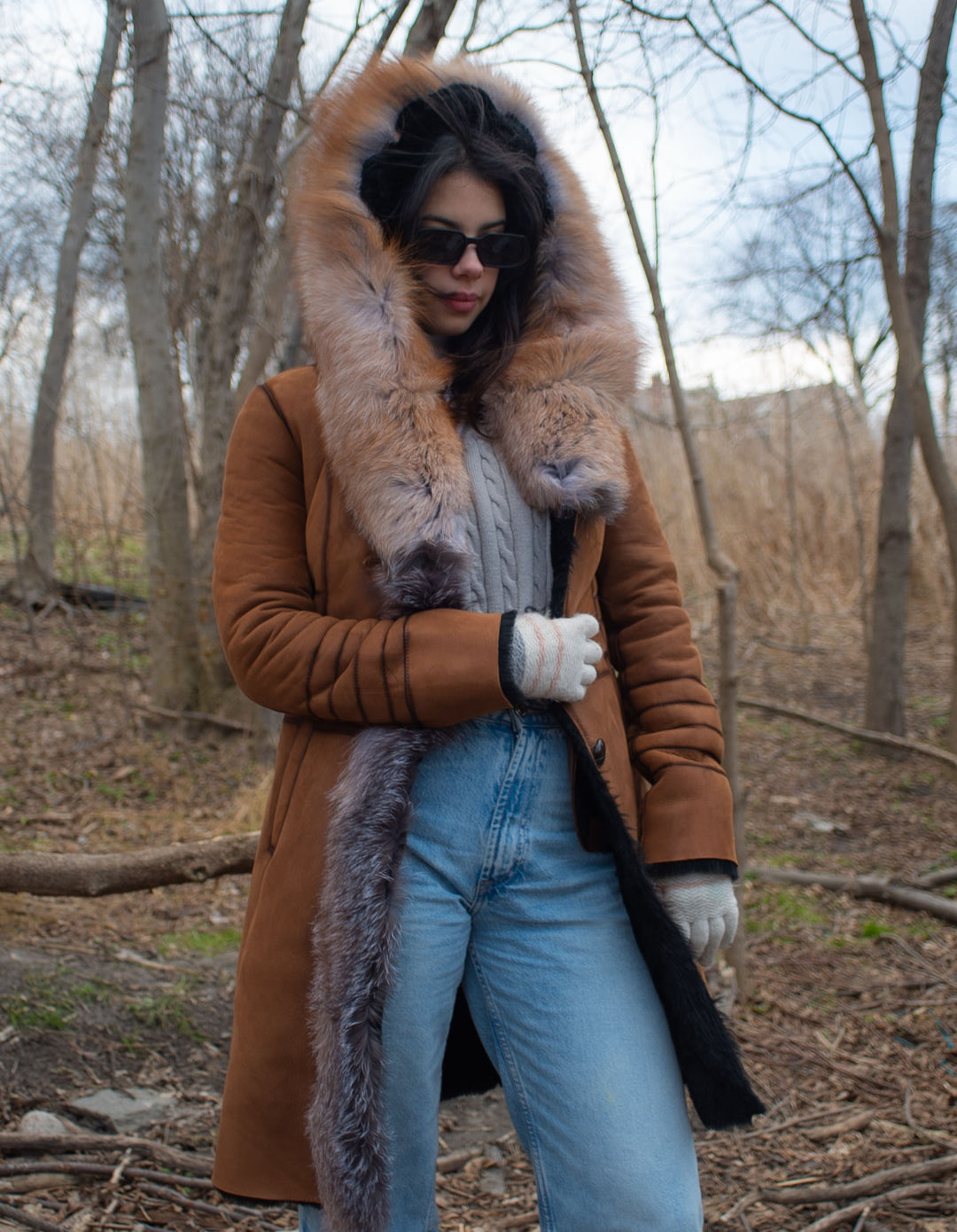 Chantal's Tan Shearling coat with large fox fur hoodie and trim