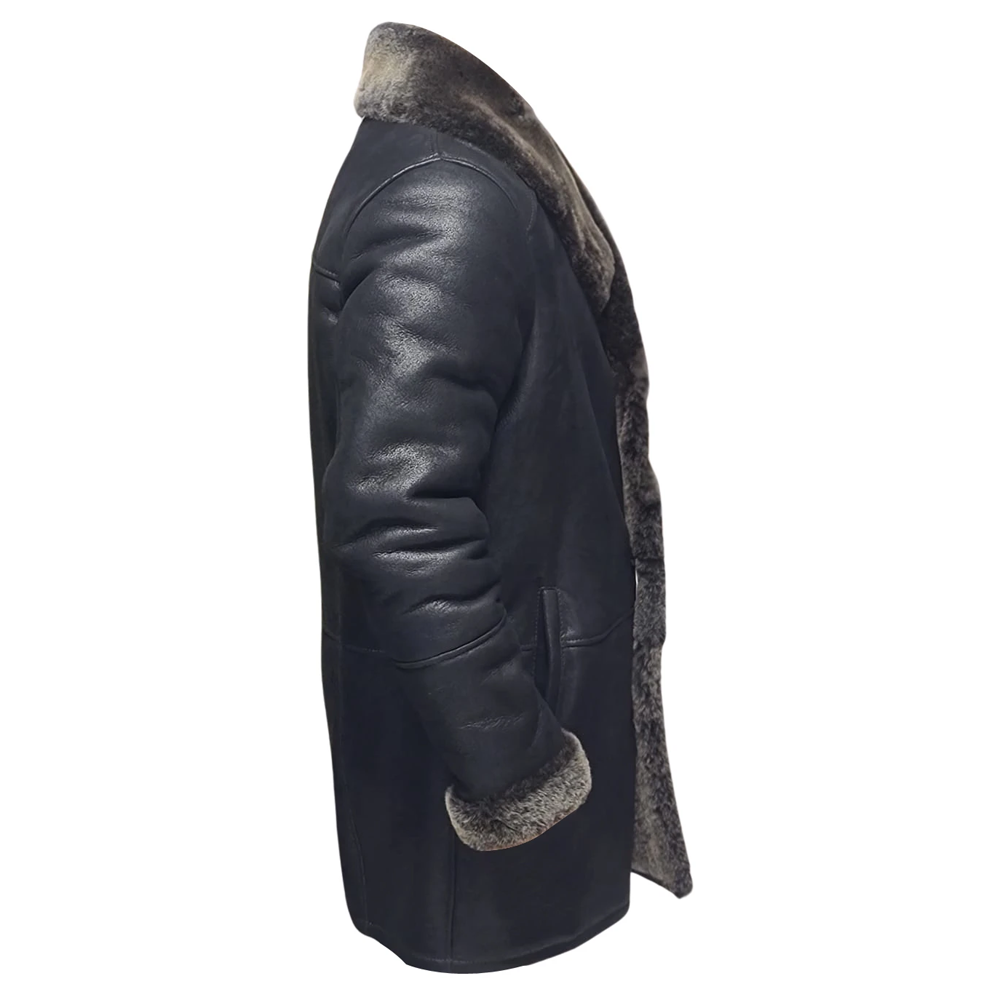 Black Traditional Shearling Sheepskin Coat 