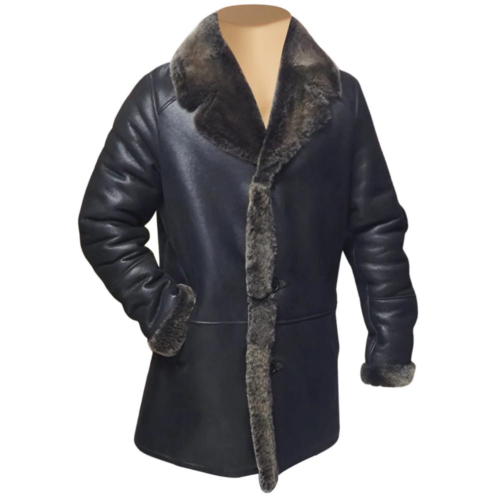 Black Traditional Shearling Sheepskin Coat 