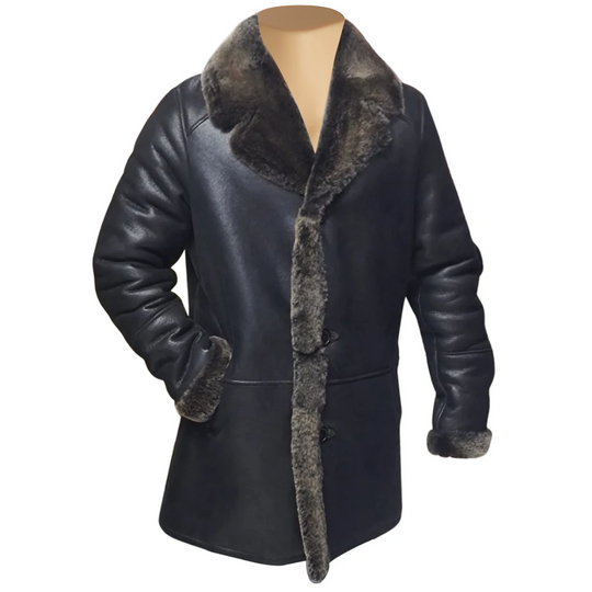 Black Traditional Shearling Sheepskin Coat 