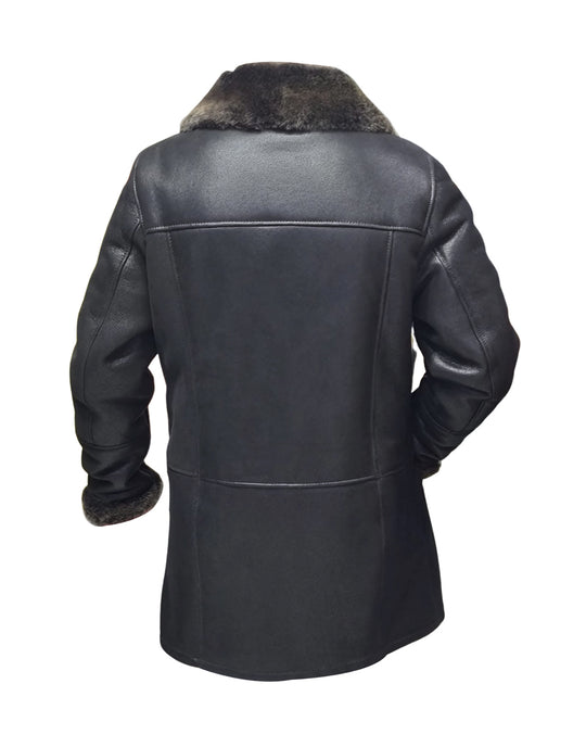 Black Traditional Shearling Sheepskin Coat 