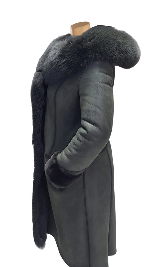 Pheobe's Grey Hooded Suede Shearling Jacket with Fox Fur