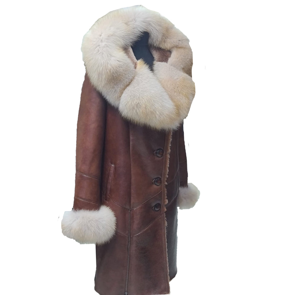 Burnett Brown Shearling coat with large fox fur hoodie and trim