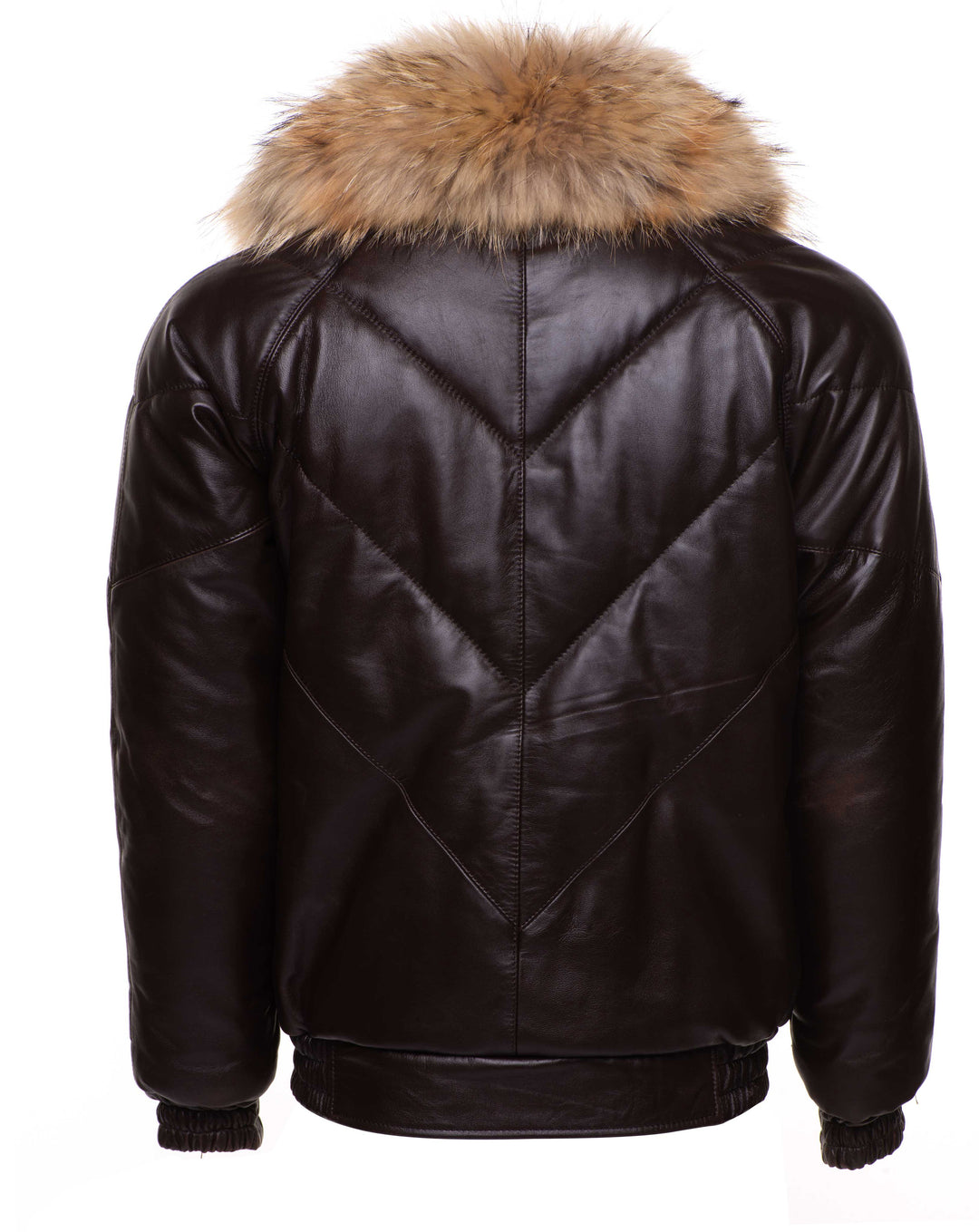 Soft Brown Puffer Leather Winter Jacket with Fur Collar