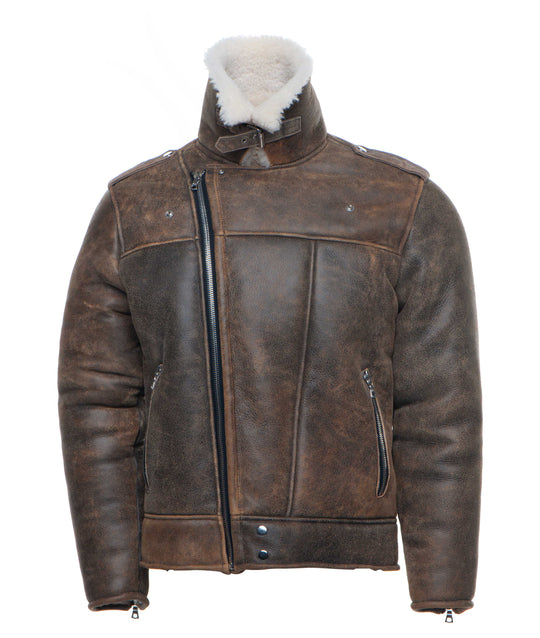 Distressed Biker Bomber Shearling Jacket