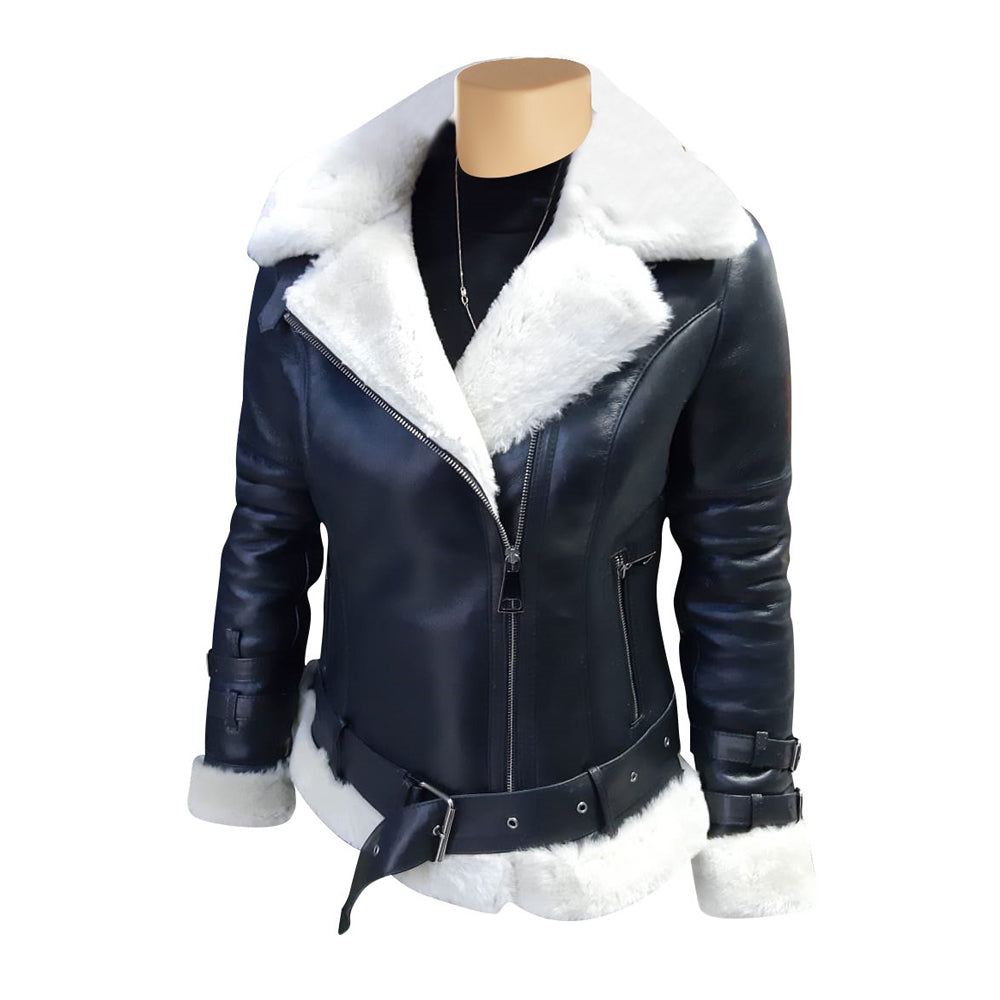 Jayne's Biker Shearling Jacket in Black and White