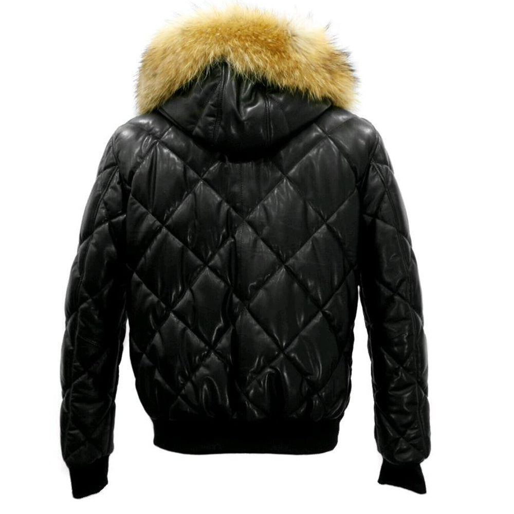 Joel fur hooded quilted puffer winter leather jacket