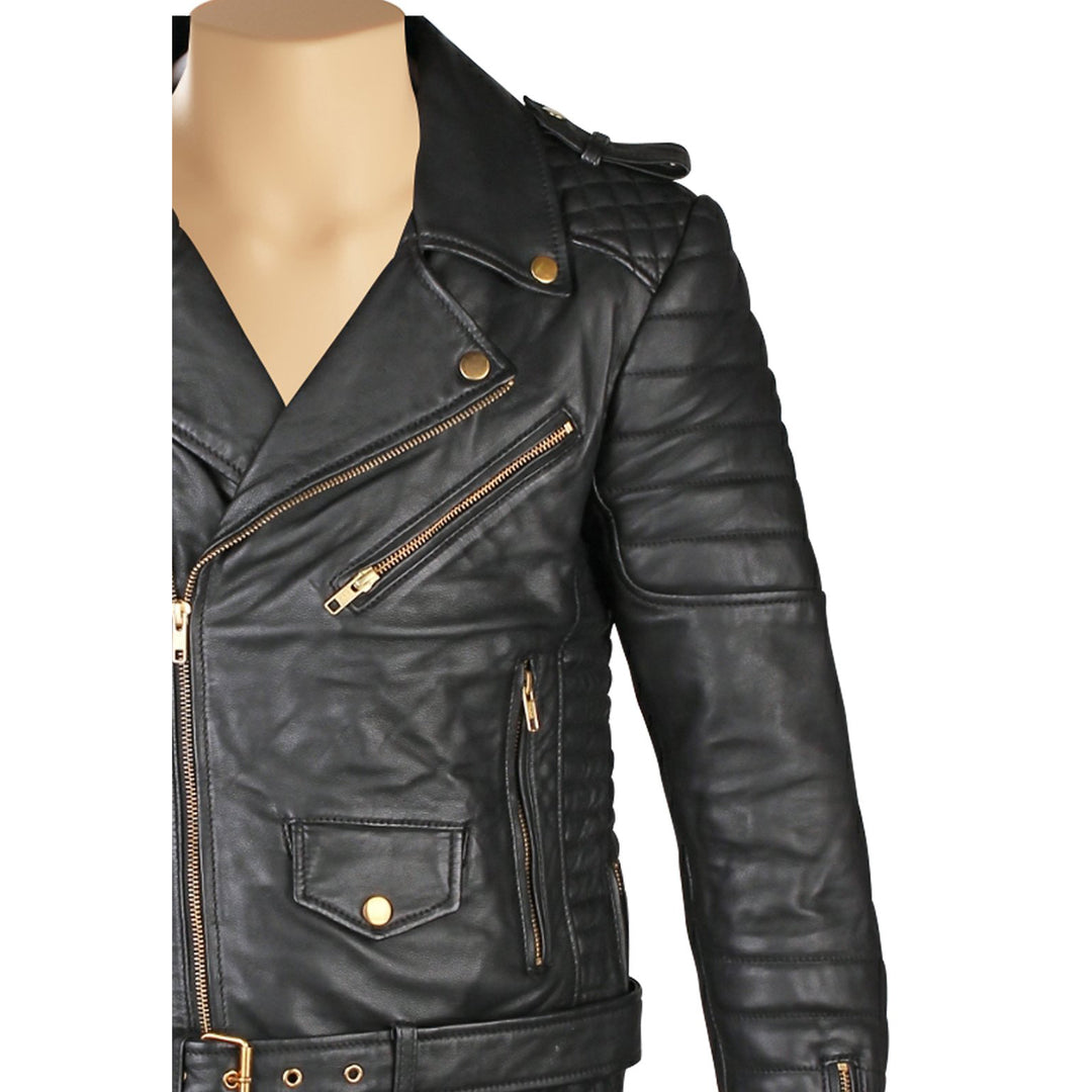 Quilted Leather Biker Jacket with Waist Belt