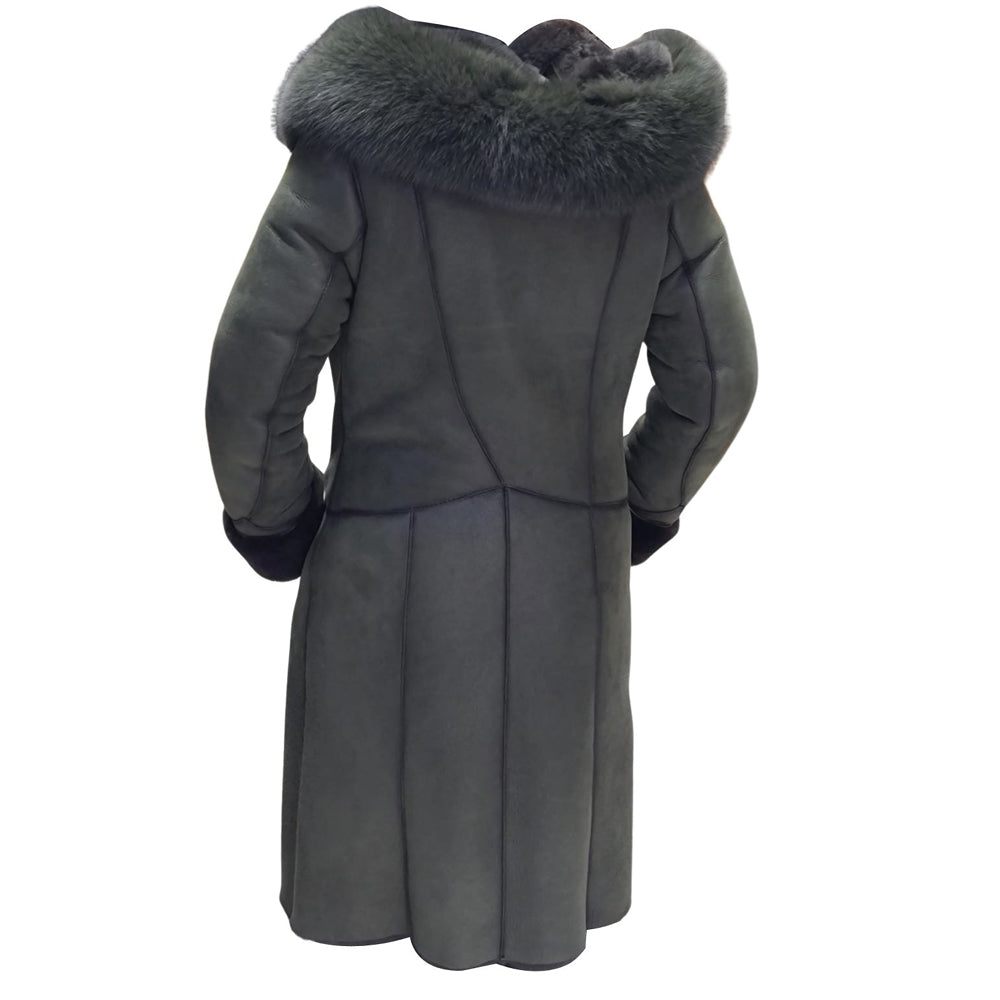 Pheobe's Grey Hooded Suede Shearling Jacket with Fox Fur