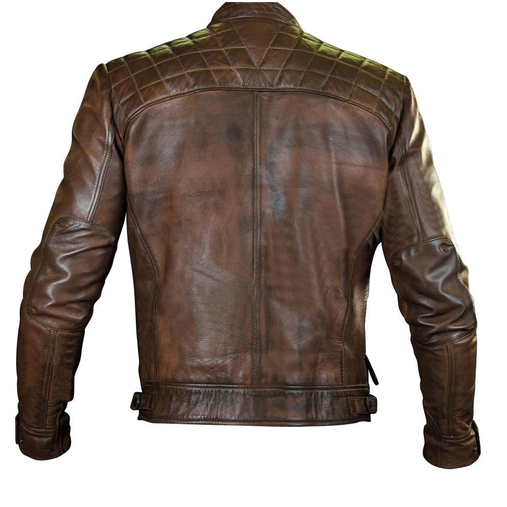 Brown biker leather jacket with a distressed finish in roan