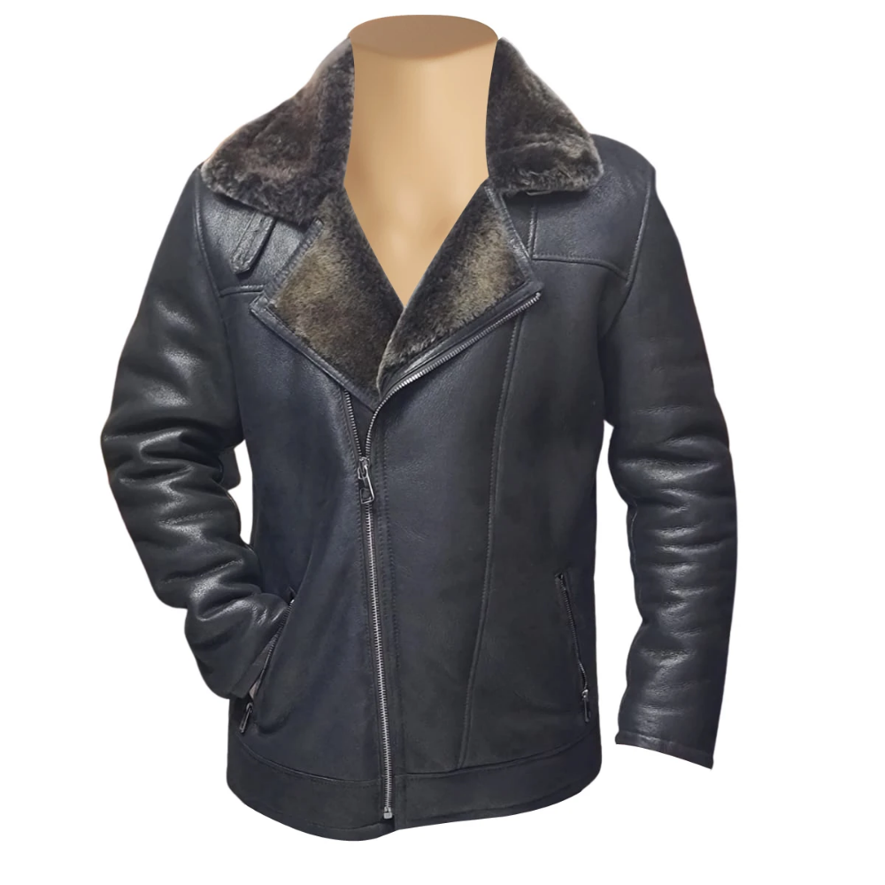  Black Robbies Shearling Sheepskin Car Coat for Men