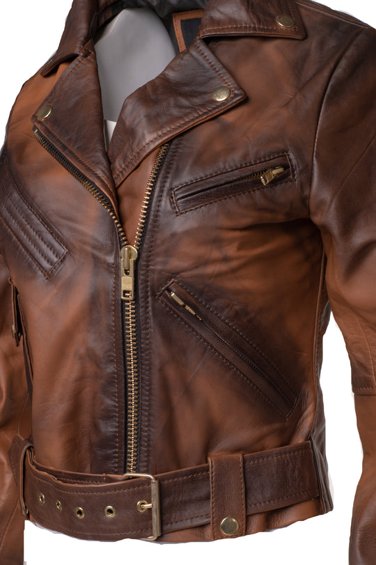 Crop Biker leather jacket with waist belt