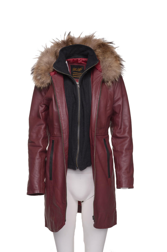 Hana's Burgandy 3/4 length Double Breasted leather jacket