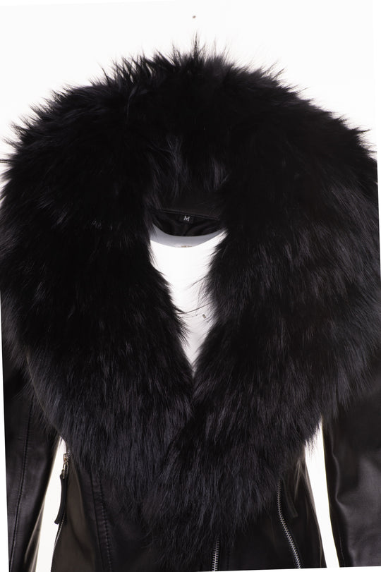 Large Black Fur Shawl on Women's Leather Jacket