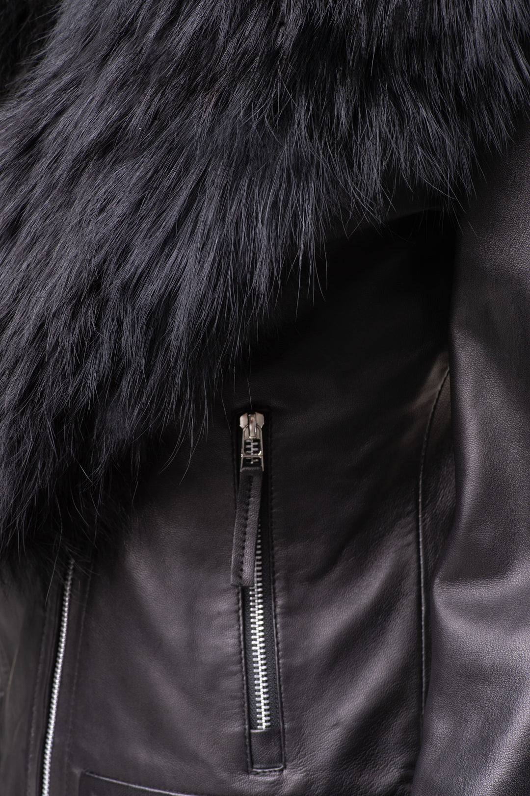 Large Black Fur Shawl on Women's Leather Jacket