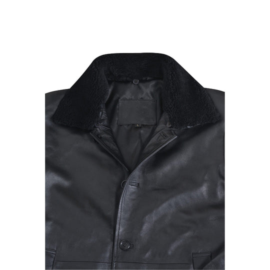 Eric's black leather car coat with fur collar