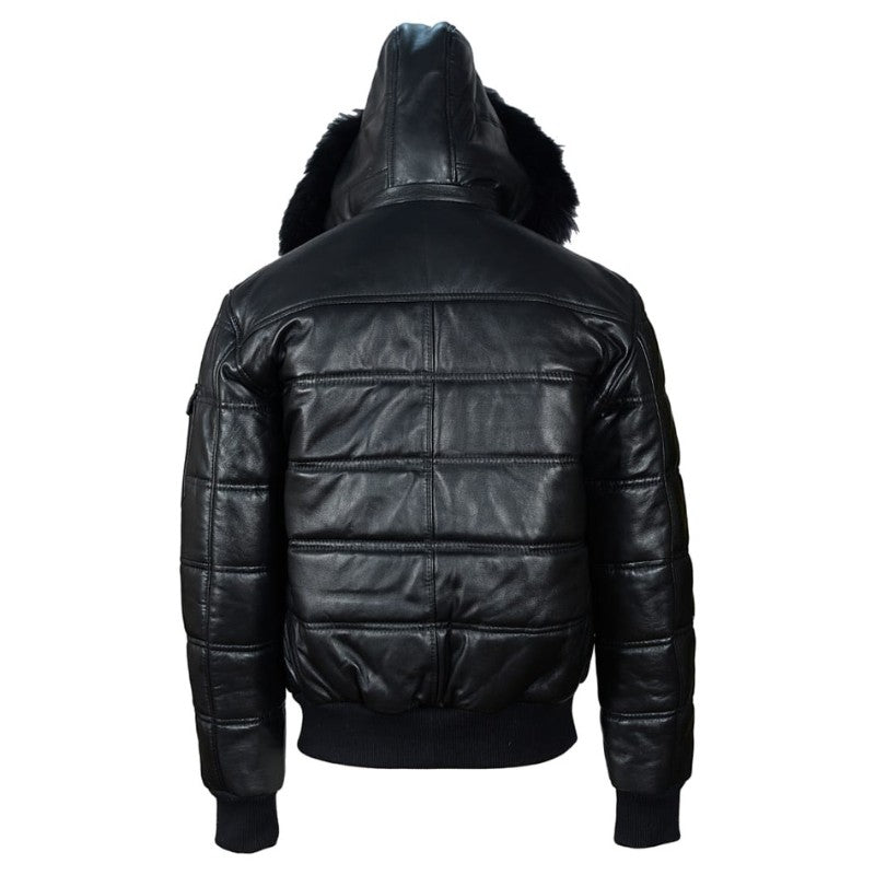 Ash Black Hooded Puffer Leather Jacket With Fur Trim