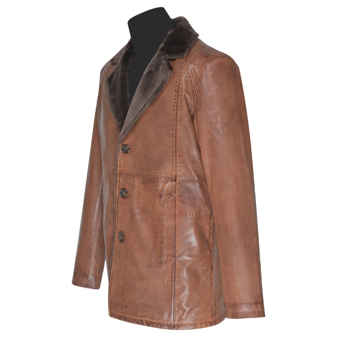 Rust leather car coat with faux fur