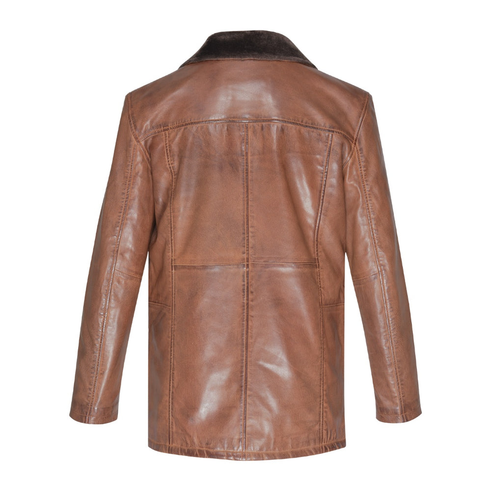 Rust leather car coat with faux fur