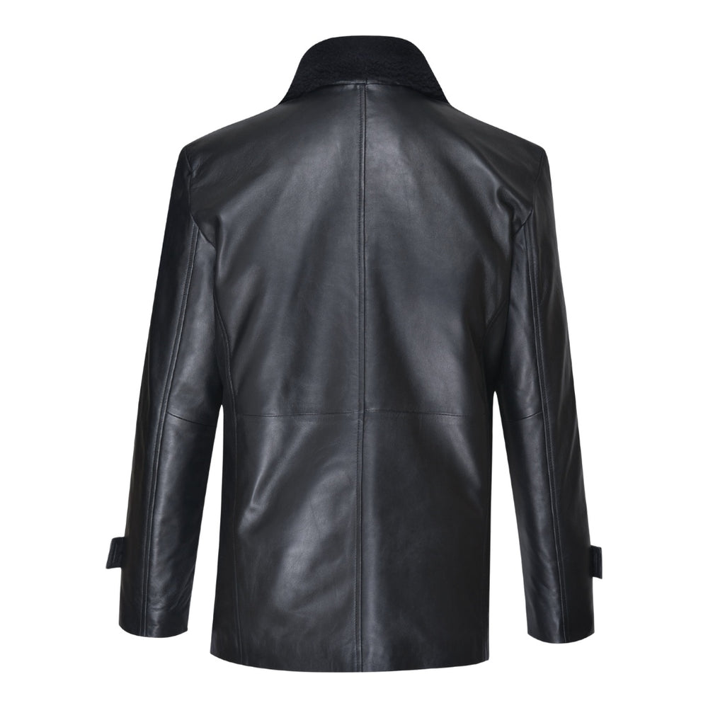 Eric's black leather car coat with fur collar